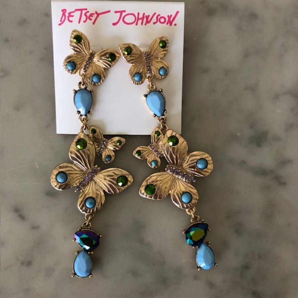 BETSEY JOHNSON Butterfly Rhinestone Gold Tone Blue Green Dangle Post Ear… - Picture 4 of 14